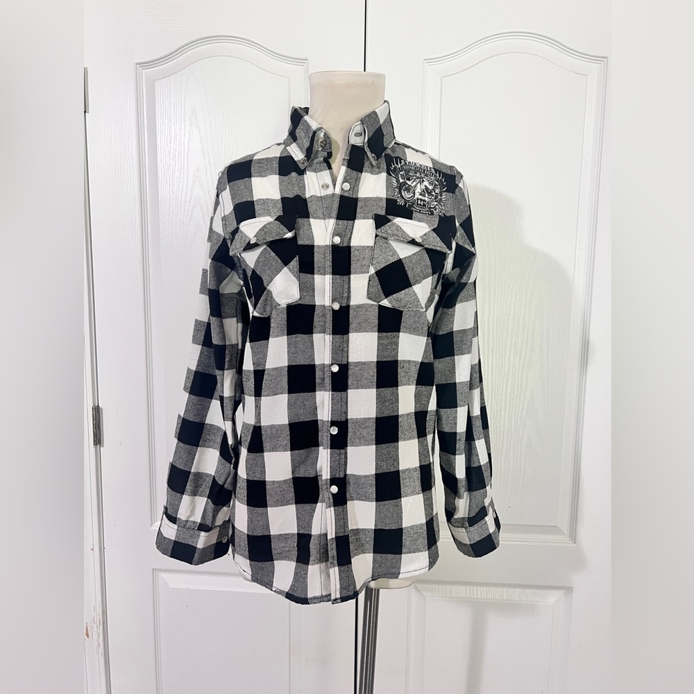 Maverick Trading Post Sturgis Motorcycle Rally Pearl Snap Checkered Shirt sz XXS